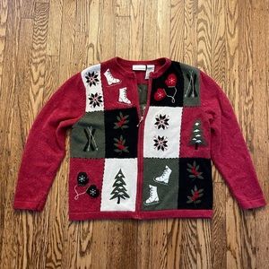 Croft & Barrow Wool Holiday Christmas Sweater Red Full Zip Up Cardigan Medium